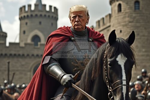 PRESIDENT DONALD TRUMP AS MEDIVIAL KNIGHT DEFENDING CASTLE 4X6 AI PHOTO