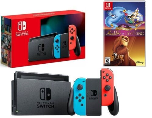 NEW Nintendo Switch V2 Neon Bundle + 2 Disney Games of Aladdin & The Lion King