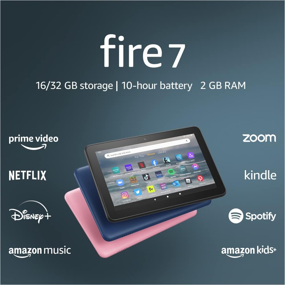 Certified Refurbished Amazon Fire 7 tablet, 7” display, 32 GB, 10 hours battery life, light and portable for entertainment at home or on-the-go, (2022 release), Denim