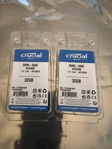 Crucial 2 32GB Sodimm 2 x 32GB 262-Pin DDR5 5600 PC5-44800 Laptop Memory