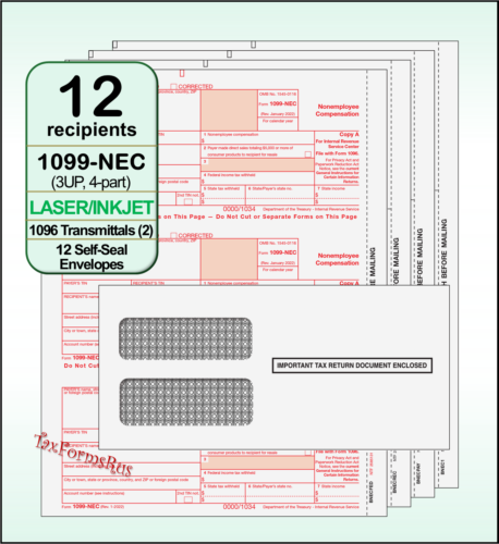 2024 IRS TAX FORMS KIT:: 1099-NEC Laser 12 recipients+envelopes +(2)1096 #NECS4E