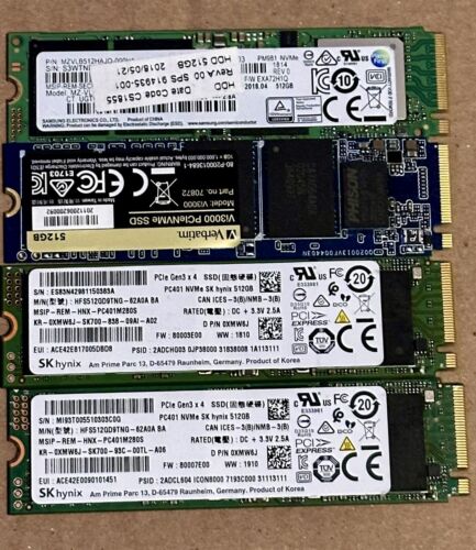 Lot of 4 assorted  512Gb NVME M.2 Solid State Drive Wiped and Tested