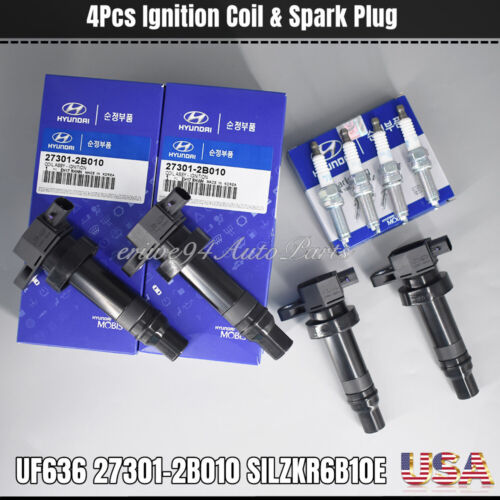 4Pcs 27301-2B010 UF636 Ignition Coils & Spark Plugs For Kia Rio Soul Hyundai