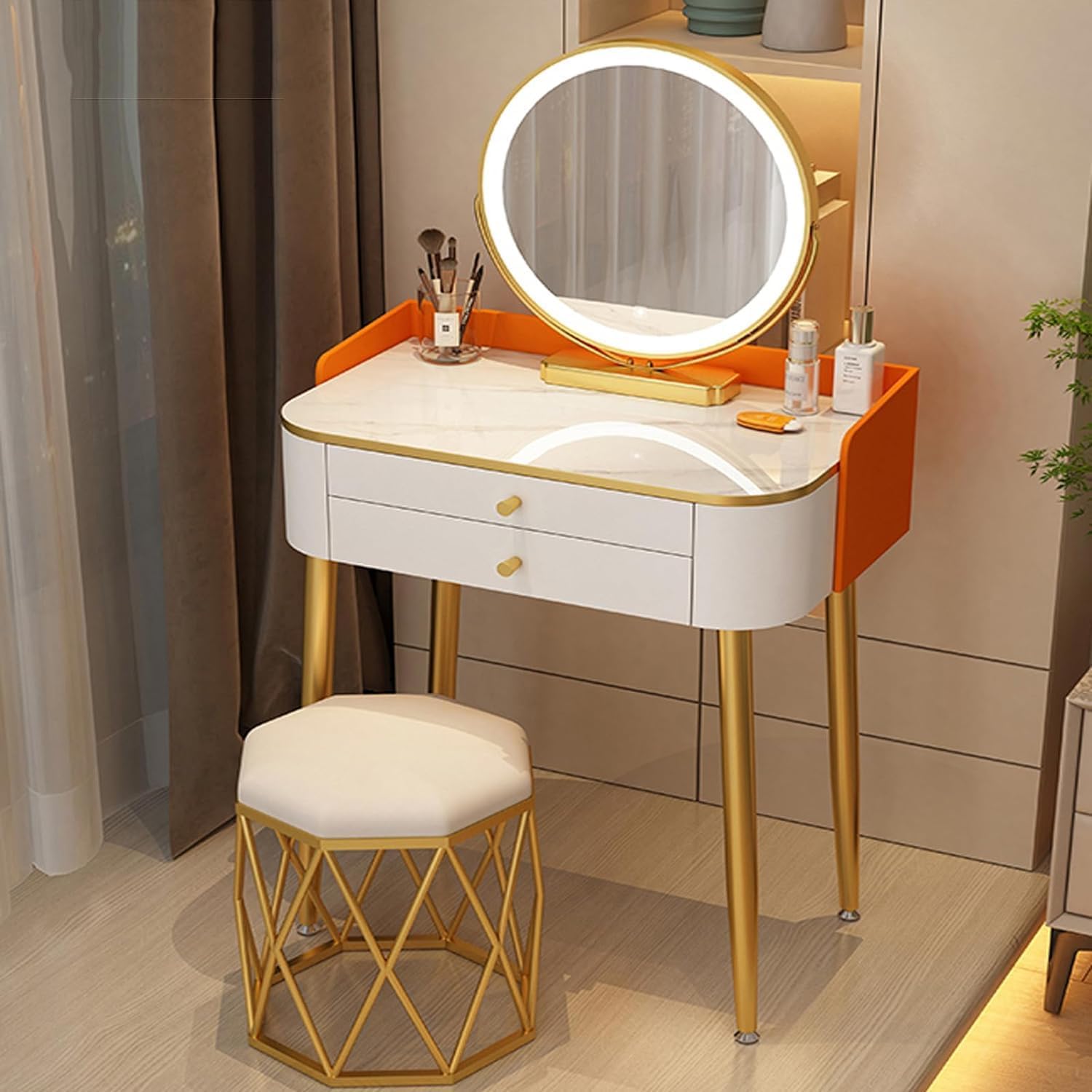 VejiA Vanity Table 360° Rotatable Dressing Table 3 Color Lighting Modes and Touch Screen Vanity Set with Drawers Home Makeup Table