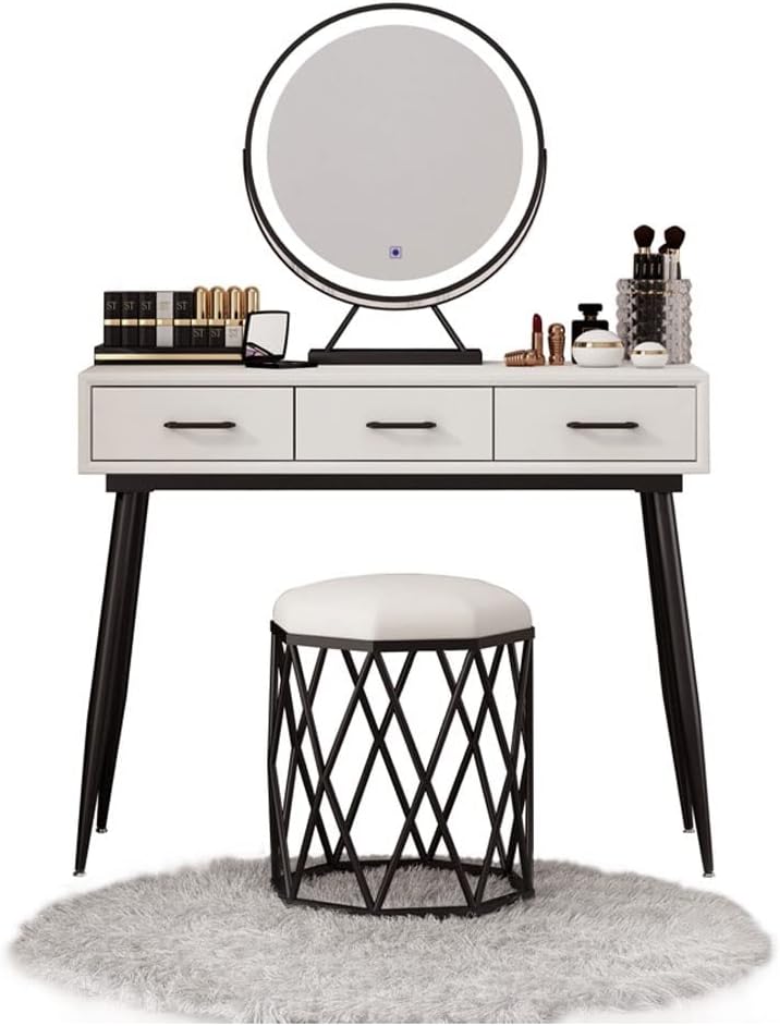 ENGENDER Makeup Vanity Vanity Table Set with Brightness Adjustable Touch Screen Dimming Mirror, with Three Drawers Rotatable LED Light Mirror, Chair Vanity Table