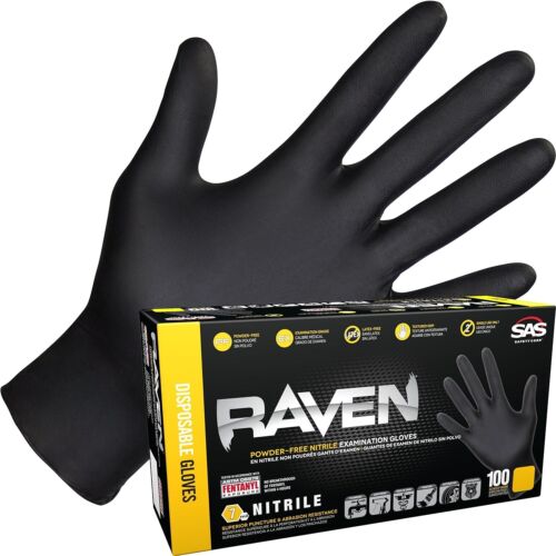 SAS Raven Black Nitrile Gloves Powder Free New 7mil Version (100 Gloves Per Box)