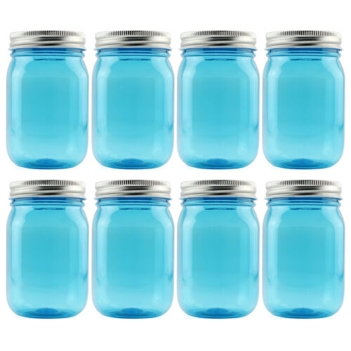 16oz PLASTIC Mason Jars 8pk w/ Silver Metal Lids PET BPA-Free 2c/pt Capacity