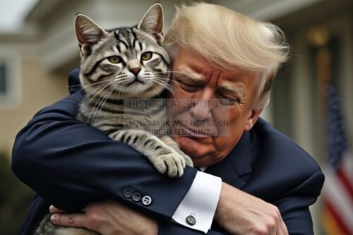 PRESIDENT DONALD TRUMP HUGGING A CAT 4X6 AI PHOTO POSTCARD