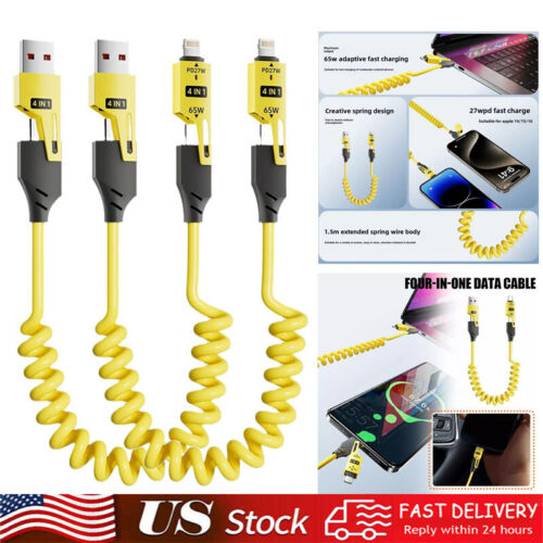 4-in-1 Spring Extension 5ft Data Cable Portable Telescopic Charging Cord For All