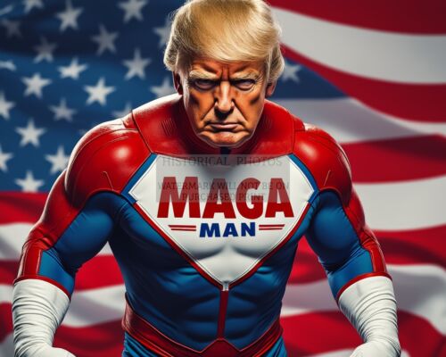 PRESIDENT DONALD TRUMP AS MAGA MAN SUPERHERO PATRIOTIC INTENSE 8X10 AI PHOTO