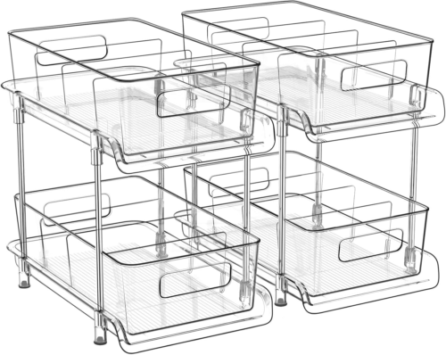 2 Tier Bathroom Storage Organizer with Dividers, Clear under Sink Organizers and