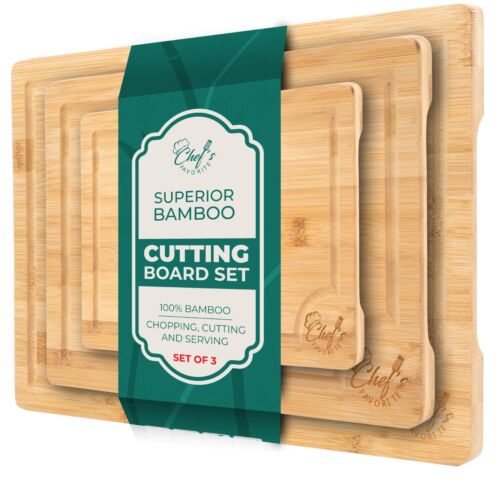 Bamboo Cutting Board Set – 3-Piece Pre-Oiled, Double-Sided, Ergonomic Handles