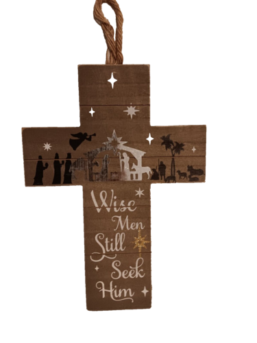 wooden Christmas Decor – Wise Men Seek Him Nativity Wall Cross  13in farmhouse