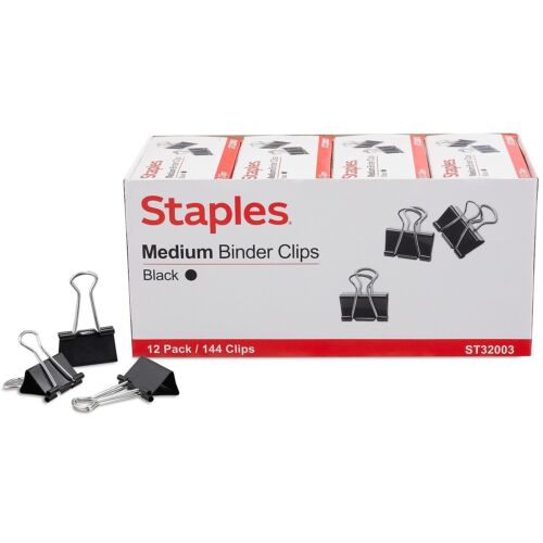 Staples Medium Binder Clips Bulk PK Blk 1 1/4″ Size with 5/8″ Capacity 144/PK