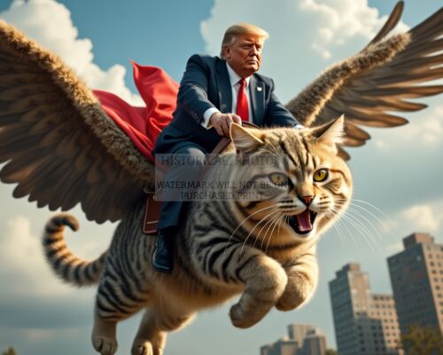 PRESIDENT DONALD TRUMP FLYING A GIANT FLYING CAT IN THE CITY 8X10 AI PHOTO