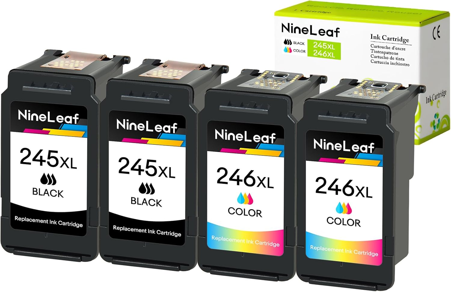 NineLeaf Remanufactured Ink Cartridge Combo Compatible for Canon PG-245XL CL-246XL PG245 CL246 XL Work with PIXMA MX492 MG2520 MG2920 IP2820 MX490 MG2525 MG3020 MG2555 MG2924 2 Black + 2 Tri-Color