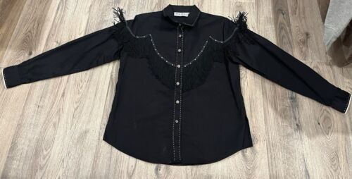 VINTAGE ADOBE ROSE WOMEN’S BLACK WESTERN SHIRT BUTTON STUDDED FRINGE SZ M