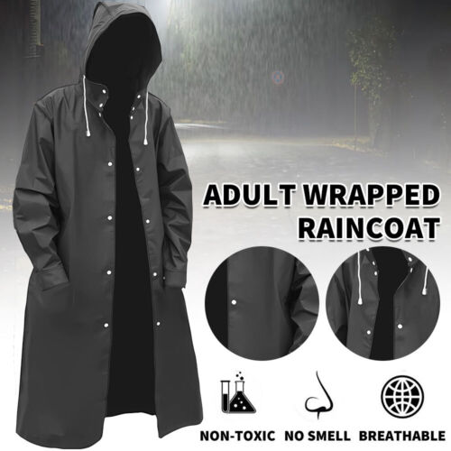 Raincoat Men Black Waterproof Long Rain Coat Hooded Trench Jacket Outdoor Hiking