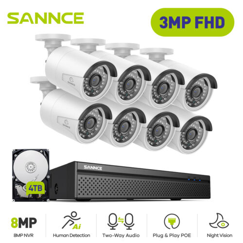 SANNCE 8CH 4K NVR 3MP POE Security IP Camera System Two Way Audio AI Detection