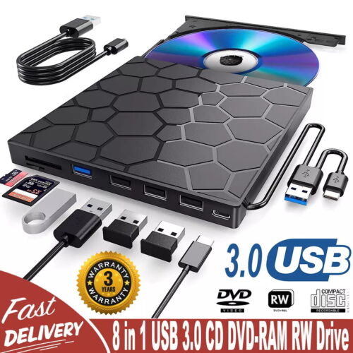 External DVD CD Disk Drive Burner Recorder Type-C+ USB For Laptop Desktop PC