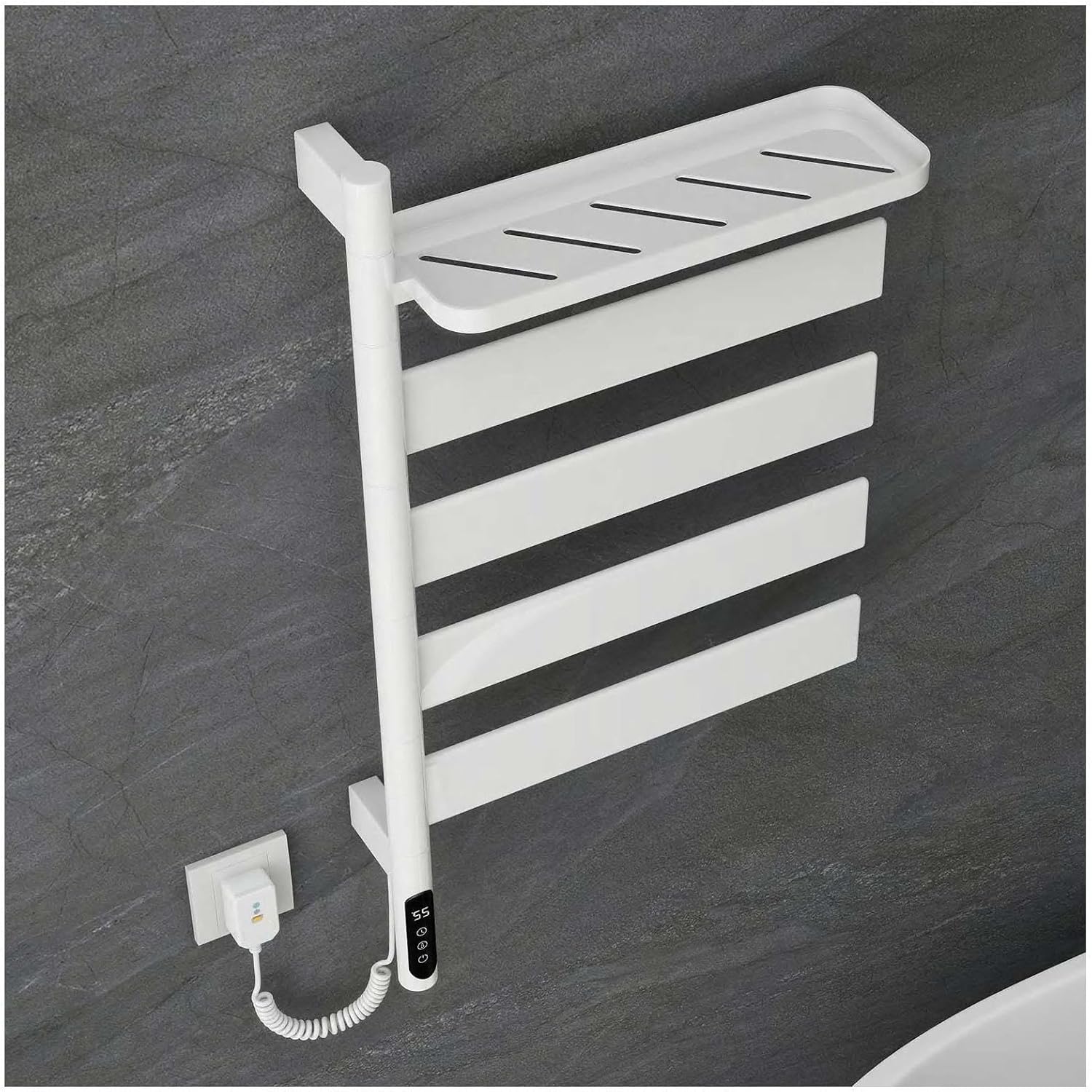 Electric Towel Rail Rotatable 180°, Towel Warmer with Intelligent Touch Screen Timer, Fast Heating, Electric Towel Rack Plug-in/Hardwired,Black (White)