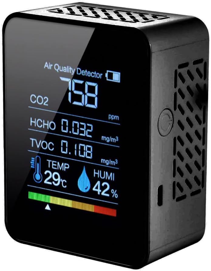 5 in 1 Air Quality Monitor Indoor, 1200mAh Type-c Charging Air Quality Meter, Co2 Detector, Formaldehyde Detector, Pollution Tester (Black)