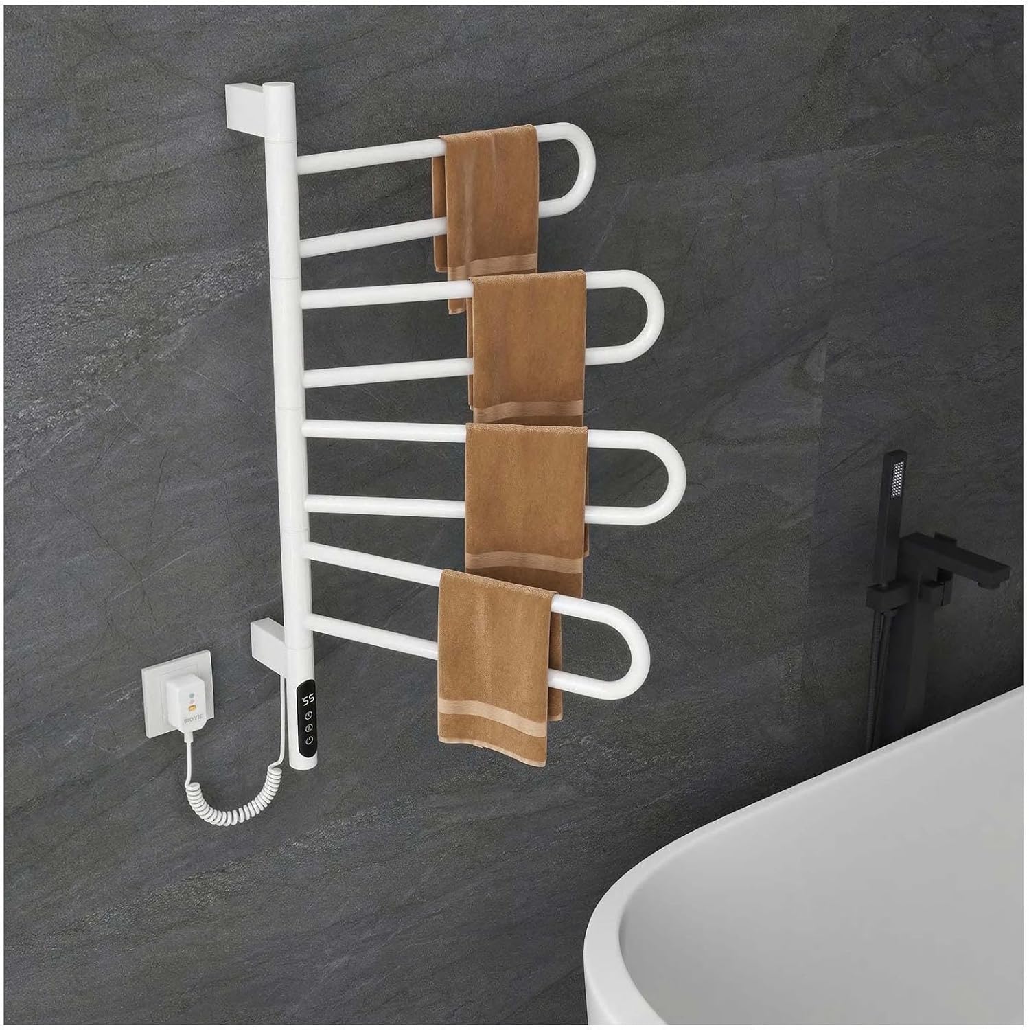 Heated Towel Rack Wall Mounted Rotatable 180°, Electric Towel Drying Rack with Intelligent Touch Screen Timer, Fast Heating, Electric Towel Warmer Rack Hard Wired/Plug-in,White (White)