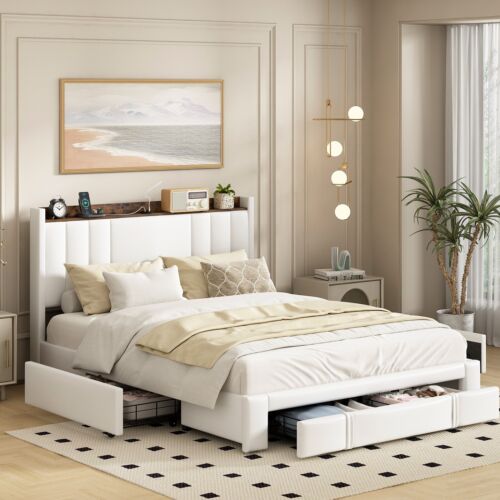 White PU TWIN SIZE. Upholstered Bed with 3 Storage Drawers and Charging Station