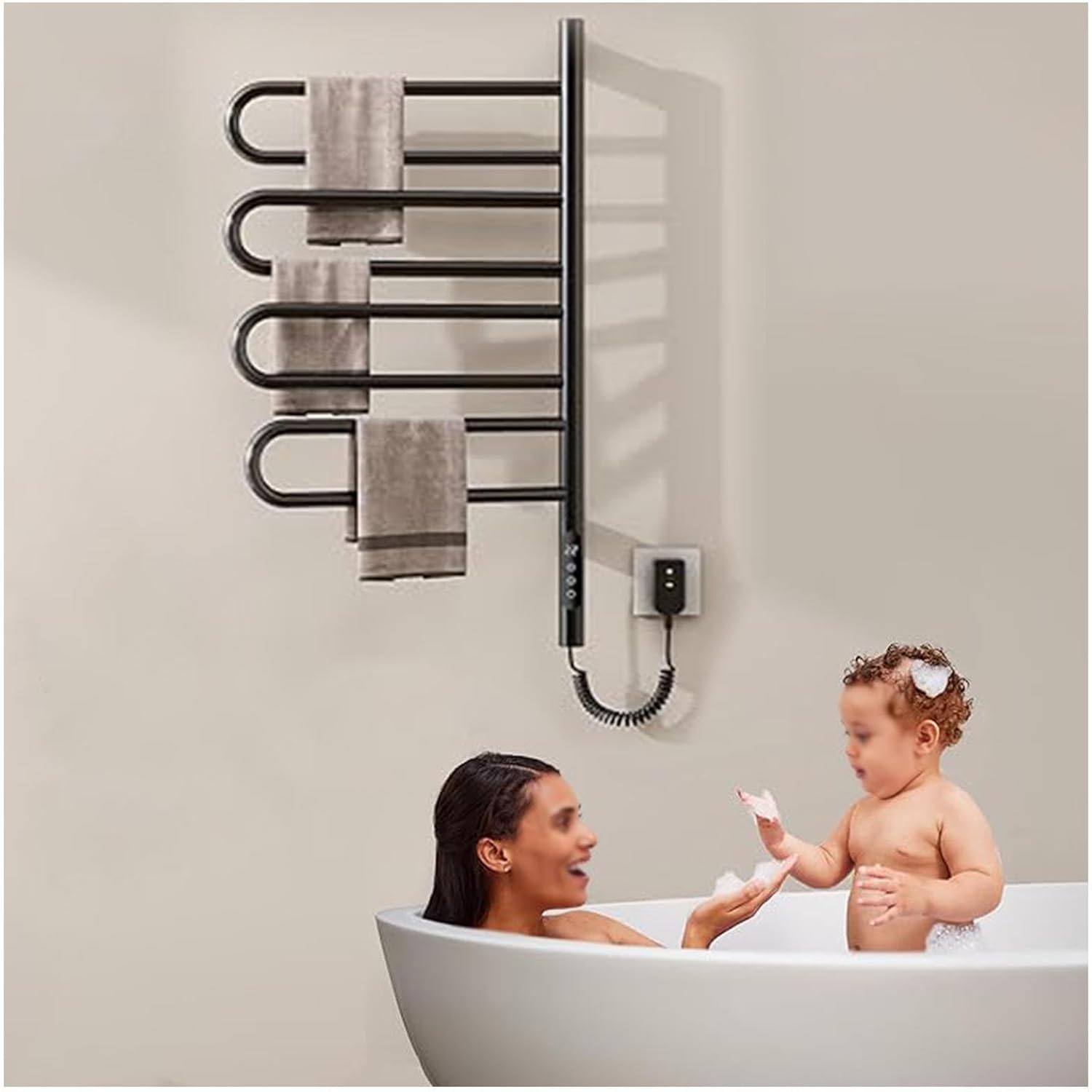 Heated Towel Rack Wall Mounted Rotatable 180°, Electric Towel Drying Rack with Intelligent Touch Screen Timer, Fast Heating, Electric Towel Warmer Rack Hard Wired/Plug-in,White (Black)