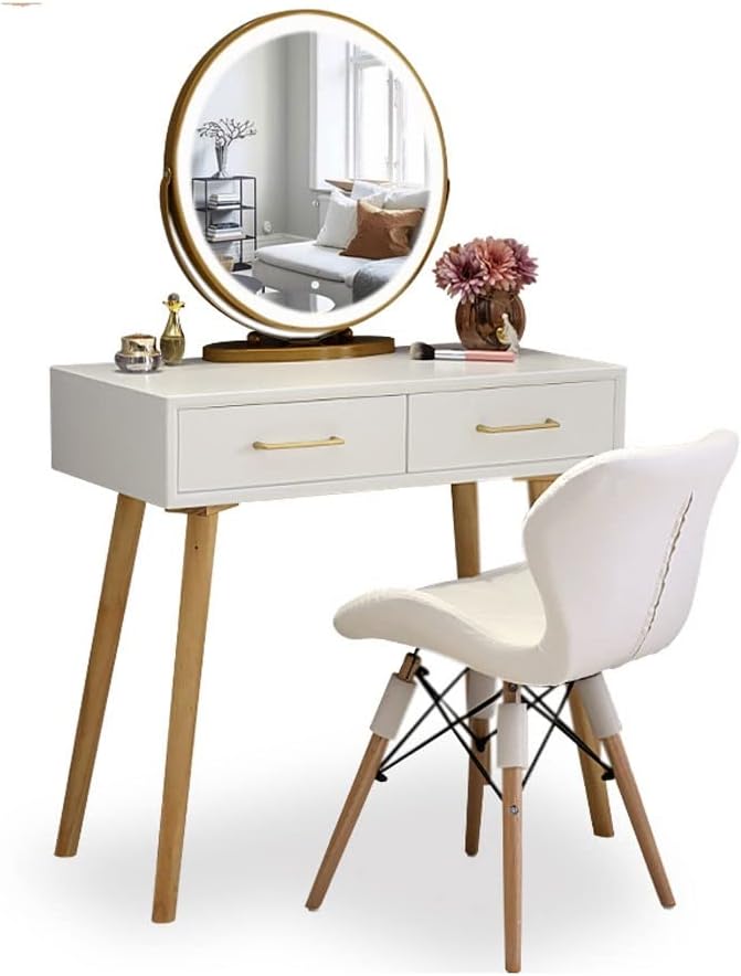 Dressing Table Vanity Table Set with Brightness Adjustable Touch Screen Dimming Mirror, with Two Drawers Rotatable LED Light Mirror and Chair Dressing Table with Mirror