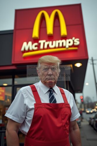 PRESIDENT DONALD TRUMP WORKING AT McTRUMPs FAST FOOD WORKER 4X6 AI POSTCARD