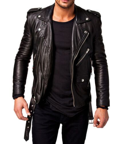 Men Leather Jacket Black Slim fit Biker Genuine Lambskin Jacket