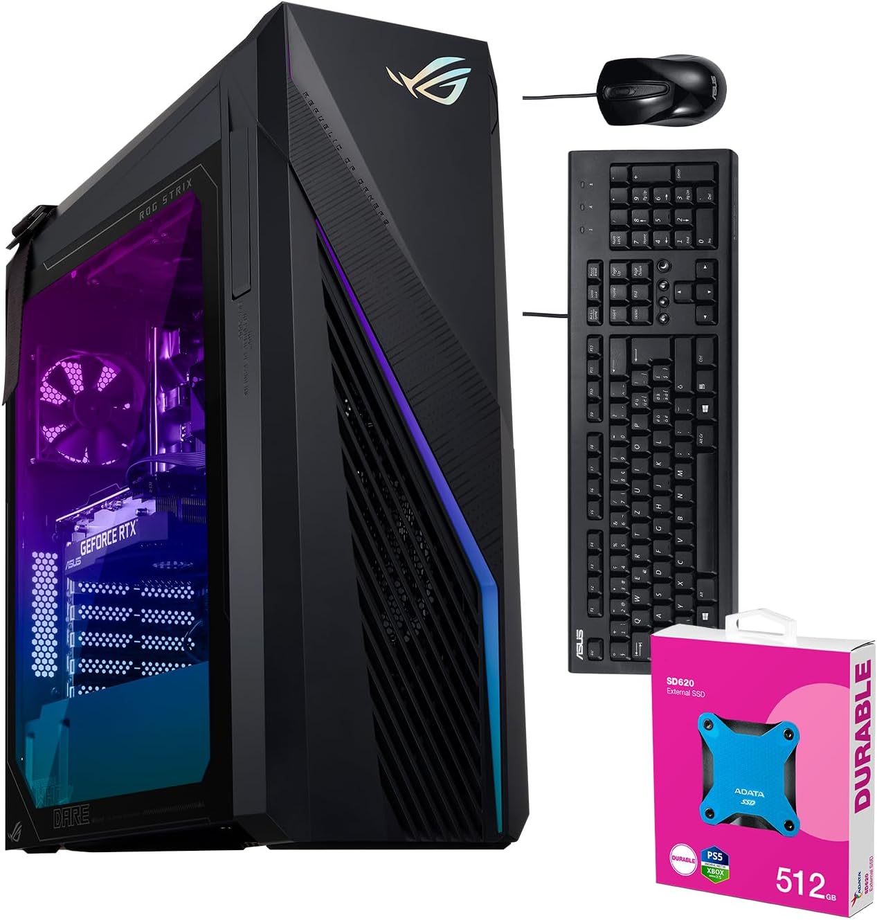 ASUS ROG Strix G16CHR i7 RTX4070 Gaming Desktop, Intel i7-14700KF, NVIDIA GeForce RTX 4070, 64GB DDR5 RAM, 4TB SSD, Wi-Fi 6, Includes Wired Keyboard & Mouse, W11 Pro, A-Data 512GB External SSD