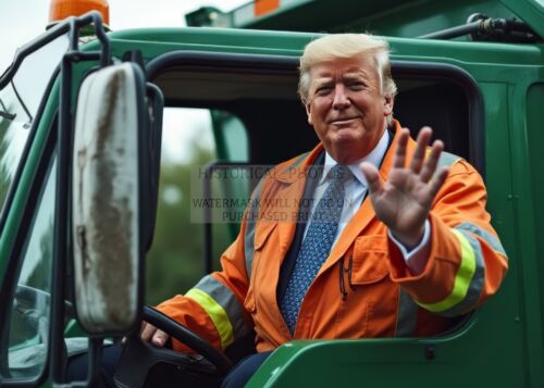 PRESIDENT DONALD TRUMP DRIVING A GARBAGE TRUCK COMICAL 5X7 AI PHOTO