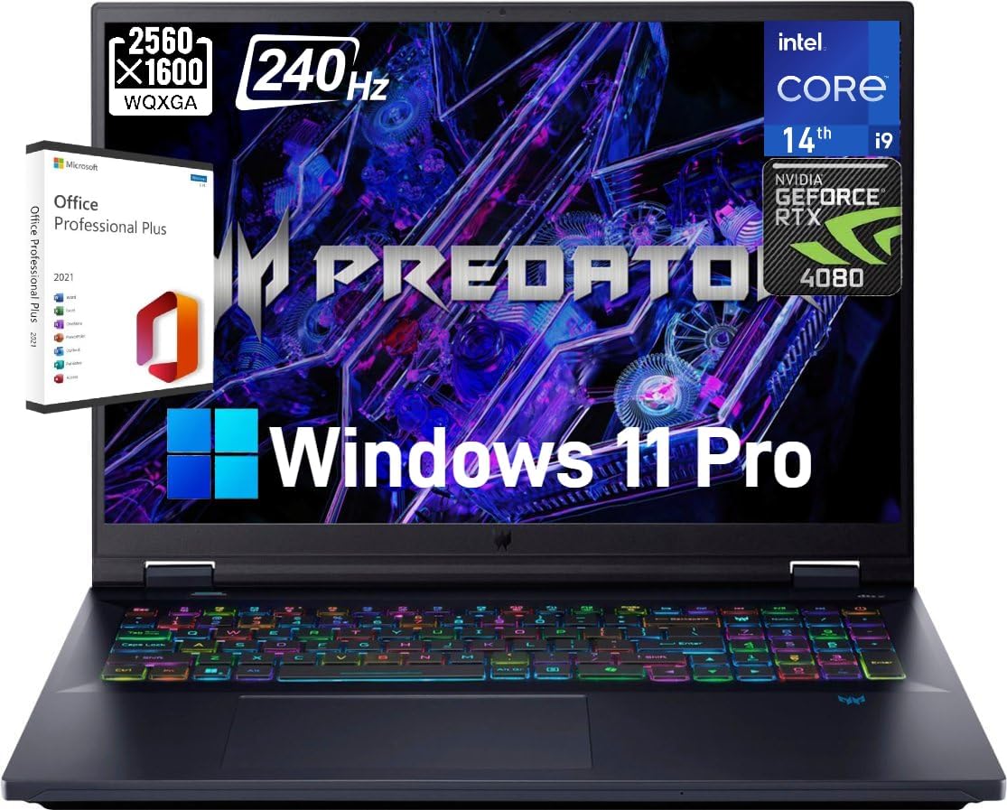 acer – Predator Helios 18 Gaming Laptop – 18″ 2560 x 1600 IPS 240Hz, Intel i9-14900HX, GeForce RTX 4080, 64GB DDR5, 1TB SSD, Backlit Keyboard, Windows 11 Pro & Lifetime Microsoft Office, Wi-Fi 7