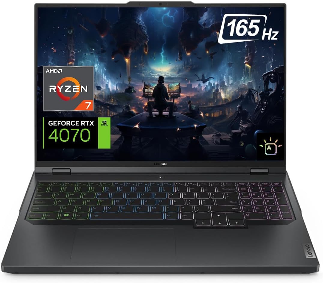 Lenovo Legion Pro 5 Gen 8 Gaming Laptop, 16” WQXGA 165Hz Display, AMD Ryzen 7 7745HX Processor, NVIDIA GeForce RTX 4070, 32GB DDR5 RAM, 2TB SSD, Wi-Fi 6, RGB Backlit KB, Windows 11 Home, Onyx Grey