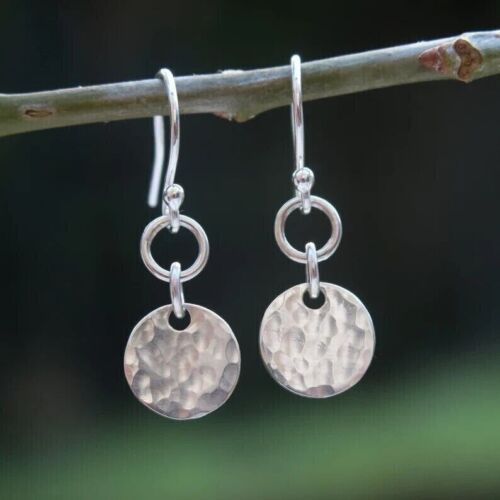 Hammered Disc Silver Drop Earrings 925 Solid Silver Dangly Earrings For Women