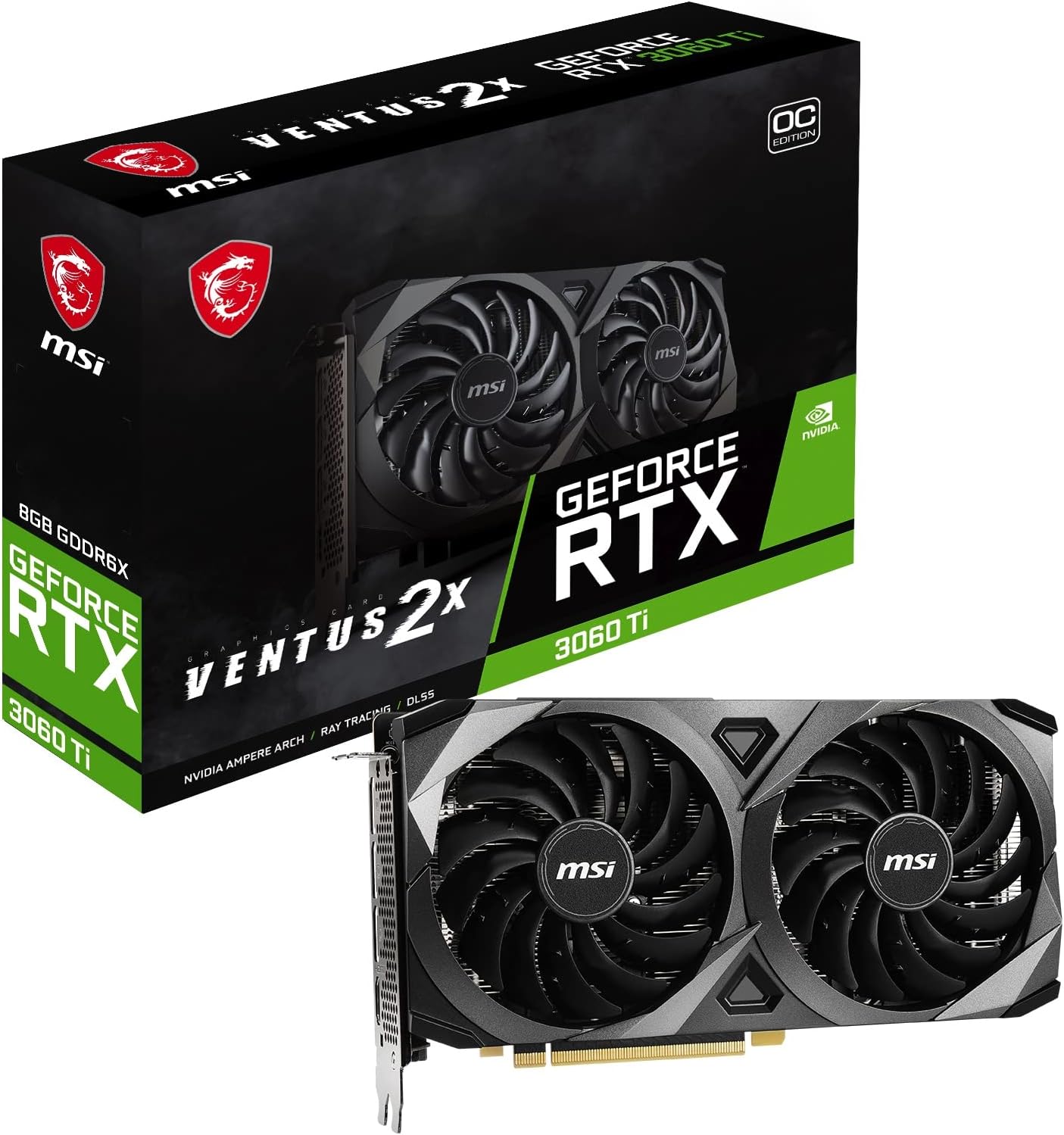 MSI Gaming GeForce RTX 3060 Ti LHR 8GB GDRR6X, 256-Bit, HDMI/DP, Nvlink, Torx Fan 3, Ampere Architecture OC Graphics Card (RTX 3060 TI Ventus 2X 8GD6X OC) (Renewed)