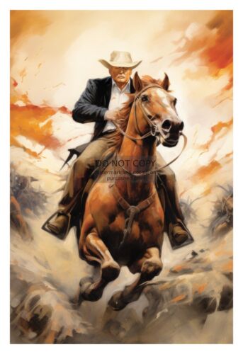 PRESIDENT DONALD TRUMP AS A COWBOY RIDING HORSE SCENIC 4X6 AI PHOTO