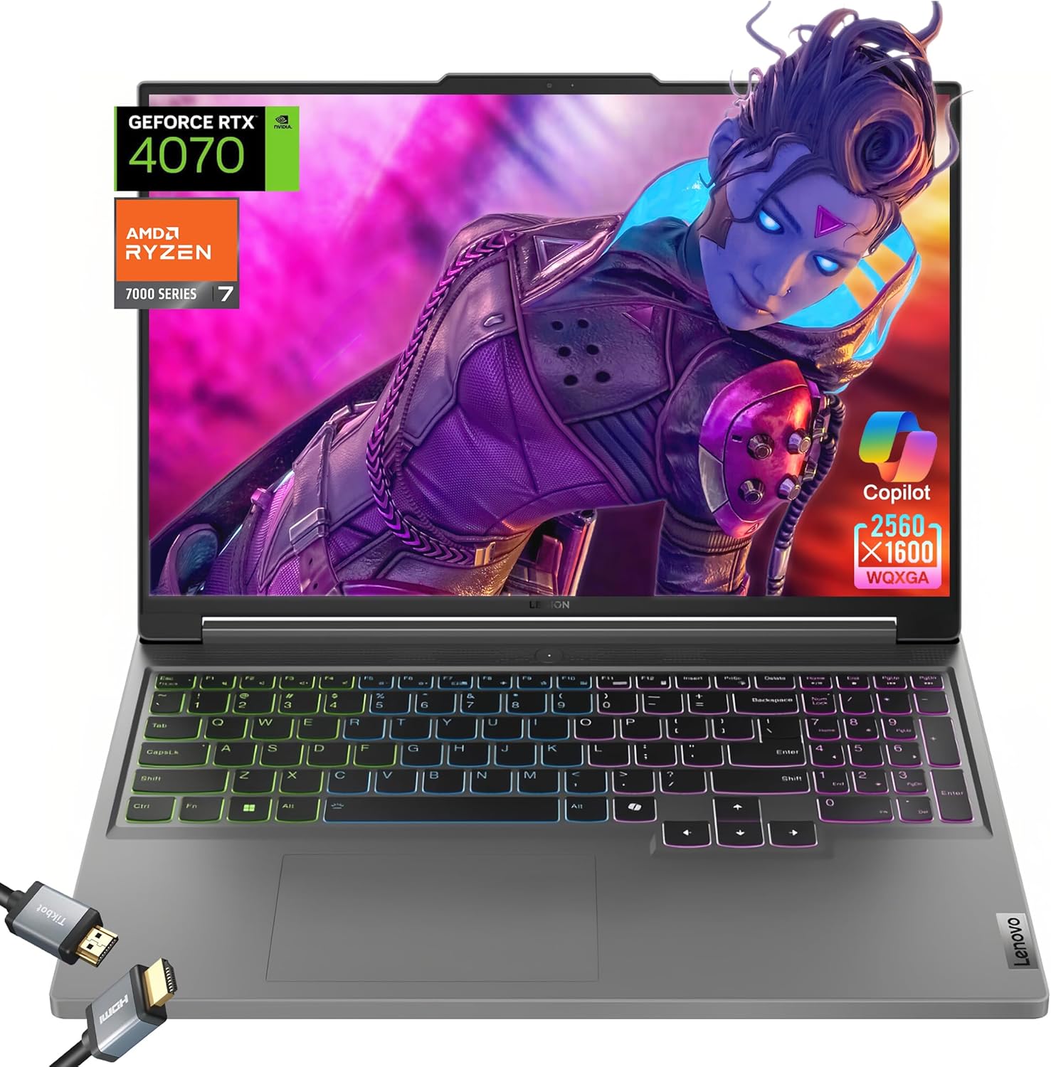 Lenovo 2024 Legion Slim 5 Gaming Laptop, 16″(2560 x 1600) WQXGA – AMD Ryzen 7 7735HS – NVIDIA GeForce RTX 4070 8GB – AI Engine- Copilot in Windows 11, w/HDMI Cable (Home, 64GB RAM | 2TB PCIe SSD)