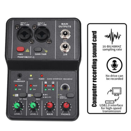 Recording Sound Card USB Audio Interface 16bit/48kHz &48V Phantom Power