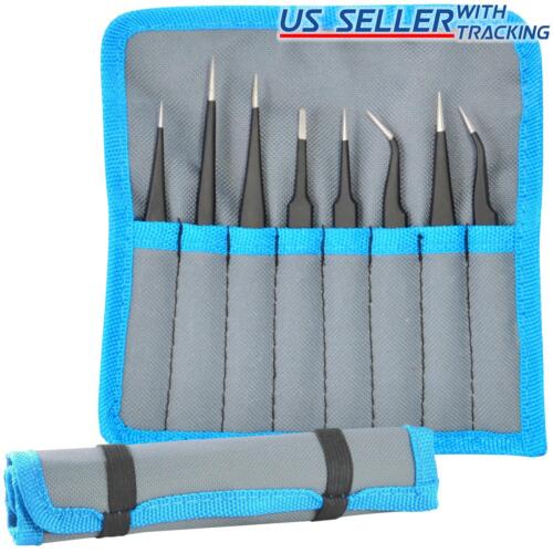 9pcs ESD Safe Anti-Static Stainless Steel Tweezers Set Maintenance Tool Kit