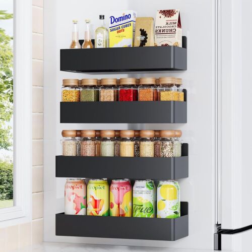 Magnetic Spice Rack for Refrigerator, Kitchen Organizer and Storage Shelf, Black