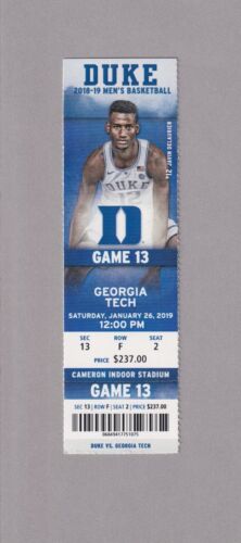 01/26/2019 Georgia Tech at Duke Blue Devils Full Ticket Zion Williamson