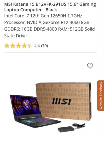 MSI Katana 15 15.6″FHD (Intel i7, 1.7 Ghz, 16GB, RTX 4060) B12VFK Laptop