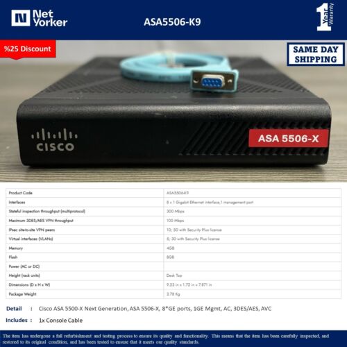 Cisco ASA5506-K9 ASA 5506-X Network Security Firewall – Same Day Shipping