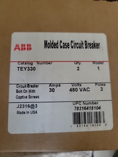 TEY330 GE ABB 3Pole 30Amp 480Volt Bolt-On BRAND NEW TEY Circuit Breaker