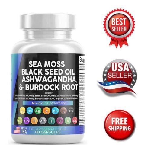 Sea Moss 3000mg Black Seed Oil 2000mg Ashwaganda 1000mg Tumeric 1000 Bladderwrac