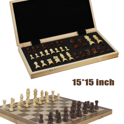 15*15″  Magnetic Wooden Chess Checkers Set Folding Portable Chess Game Board