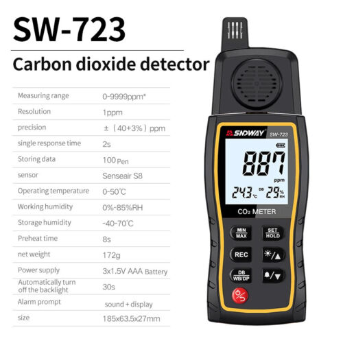 Handheld CO2 Meter Air Quality Monitor 0-9999 PPM Sensor Carbon Dioxide Detector